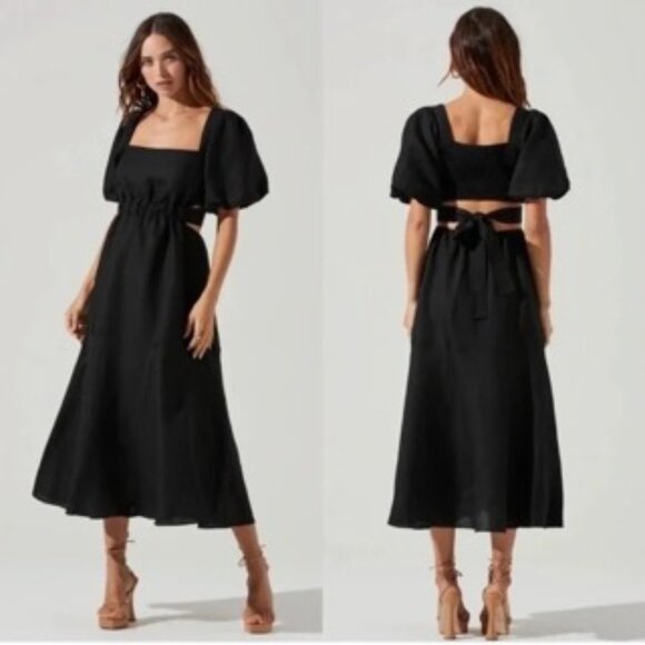 Astr The Label Linen Angeles Puff Sleeve Cutout Midi Dress Square Neck Black - Picture 1 of 8